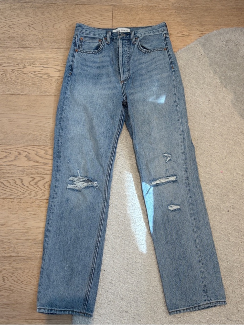 Denim Forum Light Blue Distressed Straight-Leg Jeans